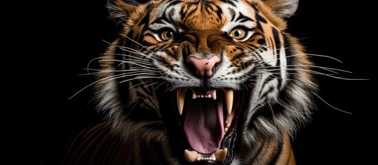 Tiger's face, teeth exposed. - obrazy, fototapety, plakaty