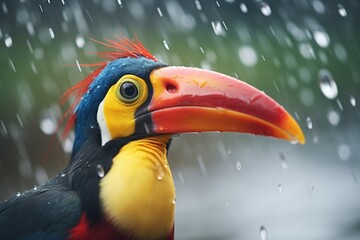 Fototapeta premium toucan with raindrops on beak, cloudy ambiance