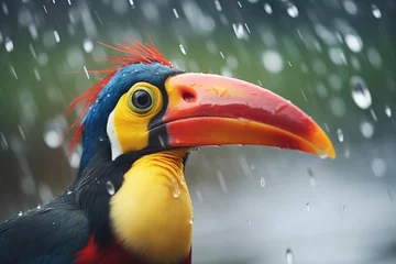 Rolgordijnen toucan with raindrops on beak, cloudy ambiance © stickerside