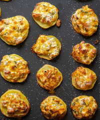 appetizer perfection capturing cut potatoes filled with delectable stuffing in a tray party food