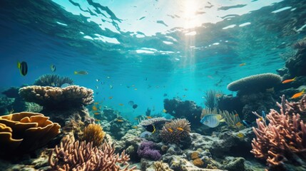 Fototapeta premium A group of fish swimming together in the vast ocean. Suitable for various marine-related themes