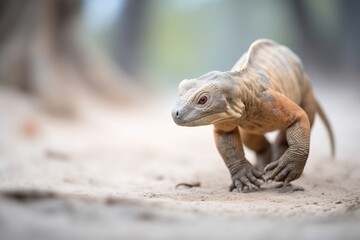 Obraz premium young komodo dragon walking on a sandy path