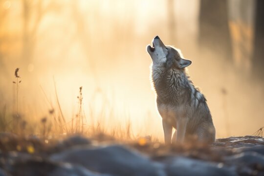 backlit image of a wolfs howl in morning mist