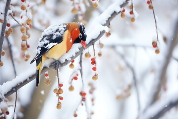woodpecker frozen in a peck on a snowy tree