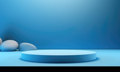 A beautiful blue background for presentations with a podium and stones and blue wall.