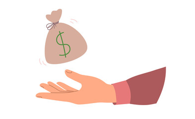 Hand with a flying bag with money. Rope tied bag with dollar symbol and arm. Modern flat Illustration on transparent background