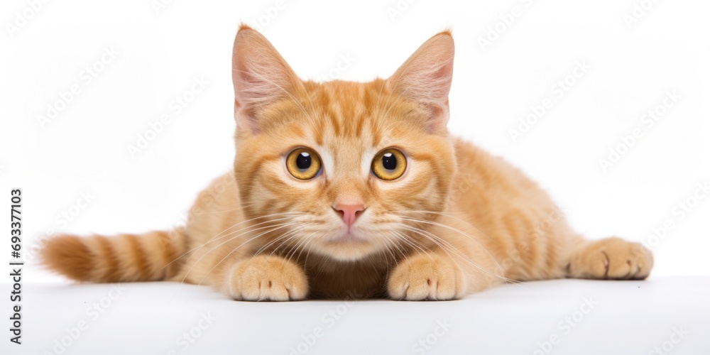Poster an orange cat peacefully resting on a clean white surface. perfect for showcasing the beauty and tra