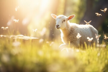 Obraz premium lamb chasing butterflies in sunlight