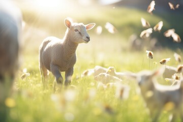 lamb chasing butterflies in sunlight