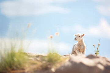 lone lamb on a sunny cliff overlook