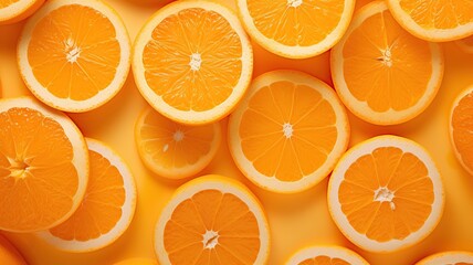 close up horizontal view of orange slices on a neutral orange background AI generated