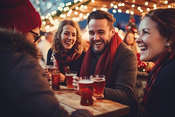 Friends drinking delicious mulled wine at party. Shot of a group of cheerful friends having fun and enjoying hot drink on the Christmas market at an evening party.