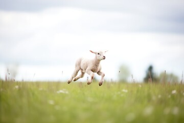 Obraz premium white lamb leaping in a spring meadow