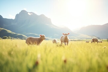 herd of lambs with a sunny mountain backdrop - obrazy, fototapety, plakaty