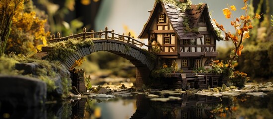 Tiny wooden fairy-tale house with bridge photographed in a village installation. - obrazy, fototapety, plakaty