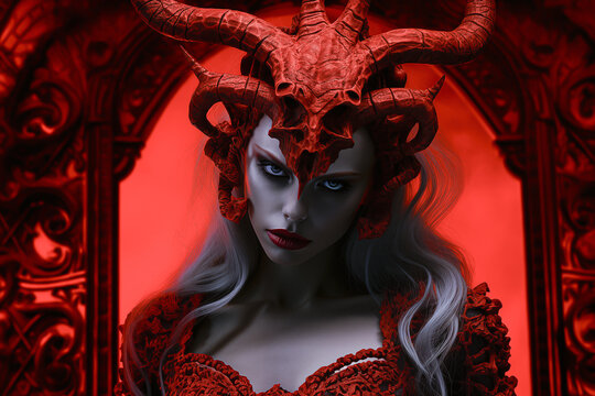 Red Witch Devil Woman Wear Horns, Beautiful Gothic Blonde Princess From Hell, Succubus