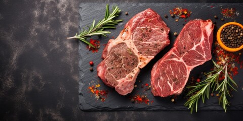 Top view of marbled beef steaks with spices on a wooden cutting board, set on a slate or concrete background. Copy space available.