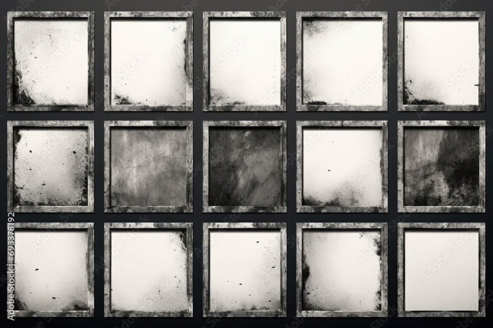 Poster a black and white photo showcasing a grid of windows. suitable for architectural design or urban pho