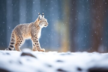 backlit lynx with snow flurries around