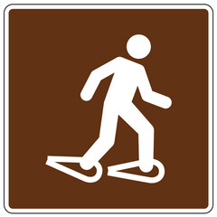 Fototapeta na wymiar Campground sign of winter recreation snowshoeing