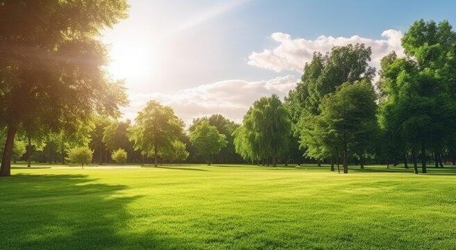 Summer widescreen natural landscape of park with a glade of fresh grass.