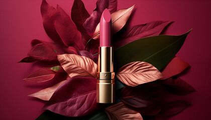 a lipstick on a red background with leaves