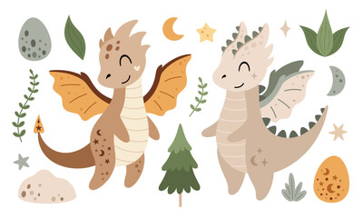 Naklejka premium Boho dragon clipart in cartoon flat style. Year of the dragon. Fantasy clipart. Vector illustration