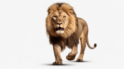 Obraz premium A majestic lion walking confidently across a white surface. Perfect for wildlife enthusiasts or animal-themed projects
