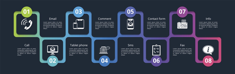 Infographics with Contact theme icons, 10 steps. Such as call, email, tablet phone, comment and more.