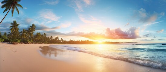 Fototapeta na wymiar Panoramic tropical beach with soft sand, calm sunset sky, and a peaceful summer ambiance.