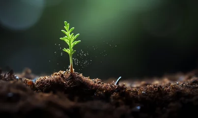 Fotobehang a green sprout growing from dirt © Cusnir