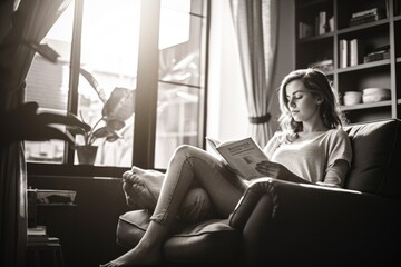 A woman sitting on a couch reading a book. Perfect for book clubs or cozy reading nooks - obrazy, fototapety, plakaty