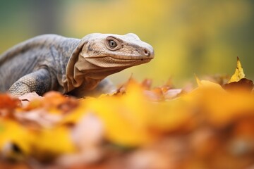 monitor lizard hunting amidst autumn leaves