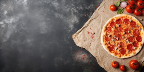 Pizza cutting board and cloth napkin on stone table surface. Food recipe concept with textured backdrop and blank area. Overhead view.