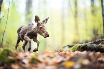 young moose playfully running in woods