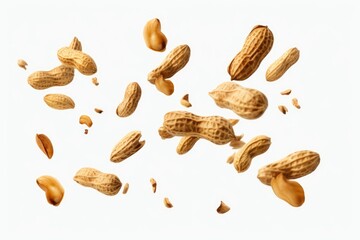 Peanuts falling into the air on a white surface. Suitable for food photography or advertising campaigns