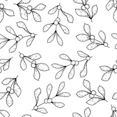 Mistletoe Leaves Branch with Berries. Winter christmas seamless pattern