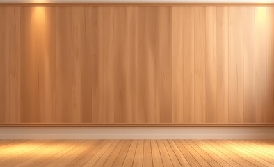 Brown empty room wall with decorative paneling and wood flooring with product presentation.