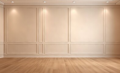 Brown empty room wall with decorative paneling and wood flooring with product presentation.