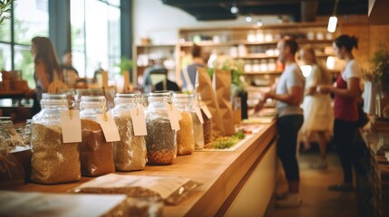Blurred background of interior in zero waste shop. Customers buying dry goods and bulk products in plastic free grocery store. Conscious shopping, sustainable small businesses, minimalist lifestyle.