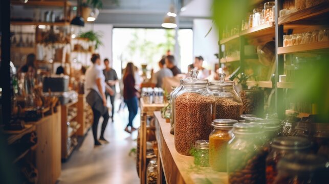Blurred background of interior in zero waste shop. Customers buying dry goods and bulk products in plastic free grocery store. Conscious shopping, sustainable small businesses, minimalist lifestyle.