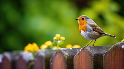 A European robin perching on a garden fence.