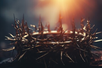 A crown of thorns placed on a table. Suitable for religious themes or symbolic representations of suffering and sacrifice