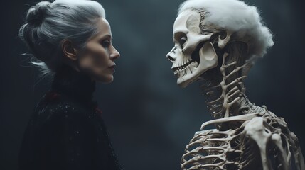 a woman looking at a skeleton - obrazy, fototapety, plakaty
