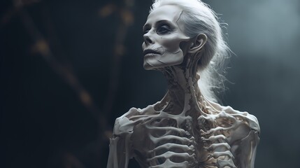 a woman with skeleton - obrazy, fototapety, plakaty