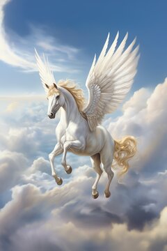 a white horse with wings and mane in the air