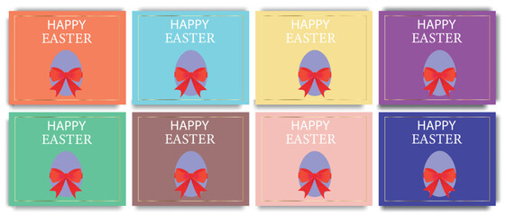 Set of 8 greeting Easter stickers, with eggs decorated with a chic red bow on stylish colored backgrounds. Easter concept. Vector illustration.