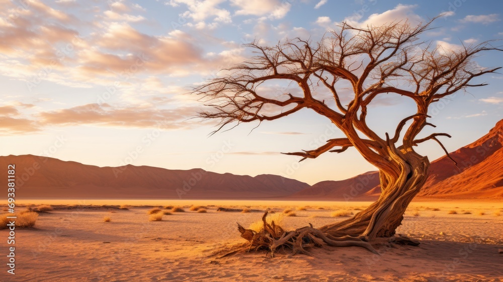 Poster a single tree stands alone in the vastness of a desert. perfect for illustrating solitude and resili