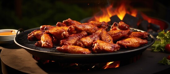 Spicy chicken wings in outdoor garden eatery.