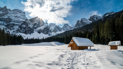 Tarvisio. Riofreddo valley in winter. At the foot of the Julian Alps